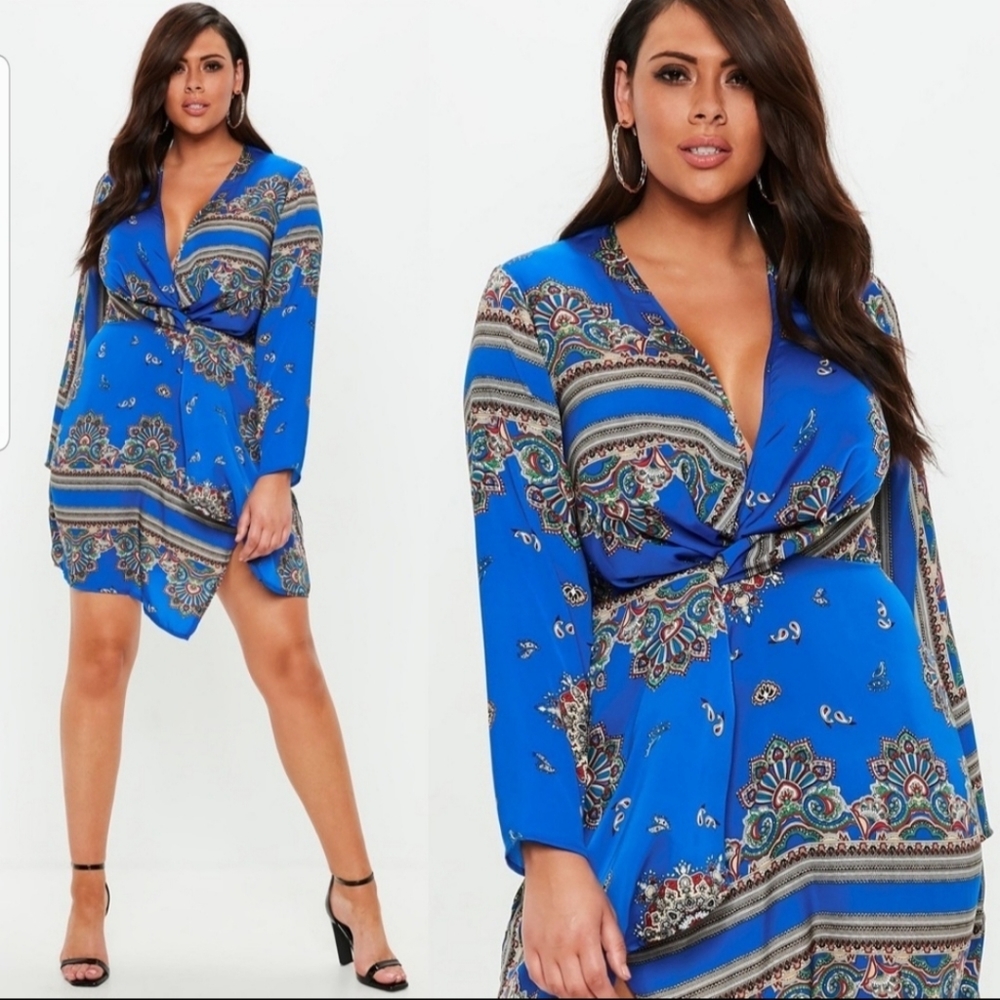 Missguided Blue Printed Scarf Silky Dress